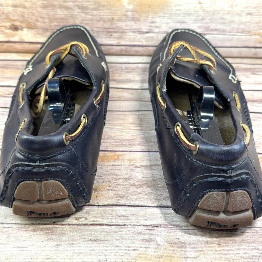 Polo Ralph Lauren Mens Black Leather Broderick Nautical Lace Up Boat Shoes 11.5D